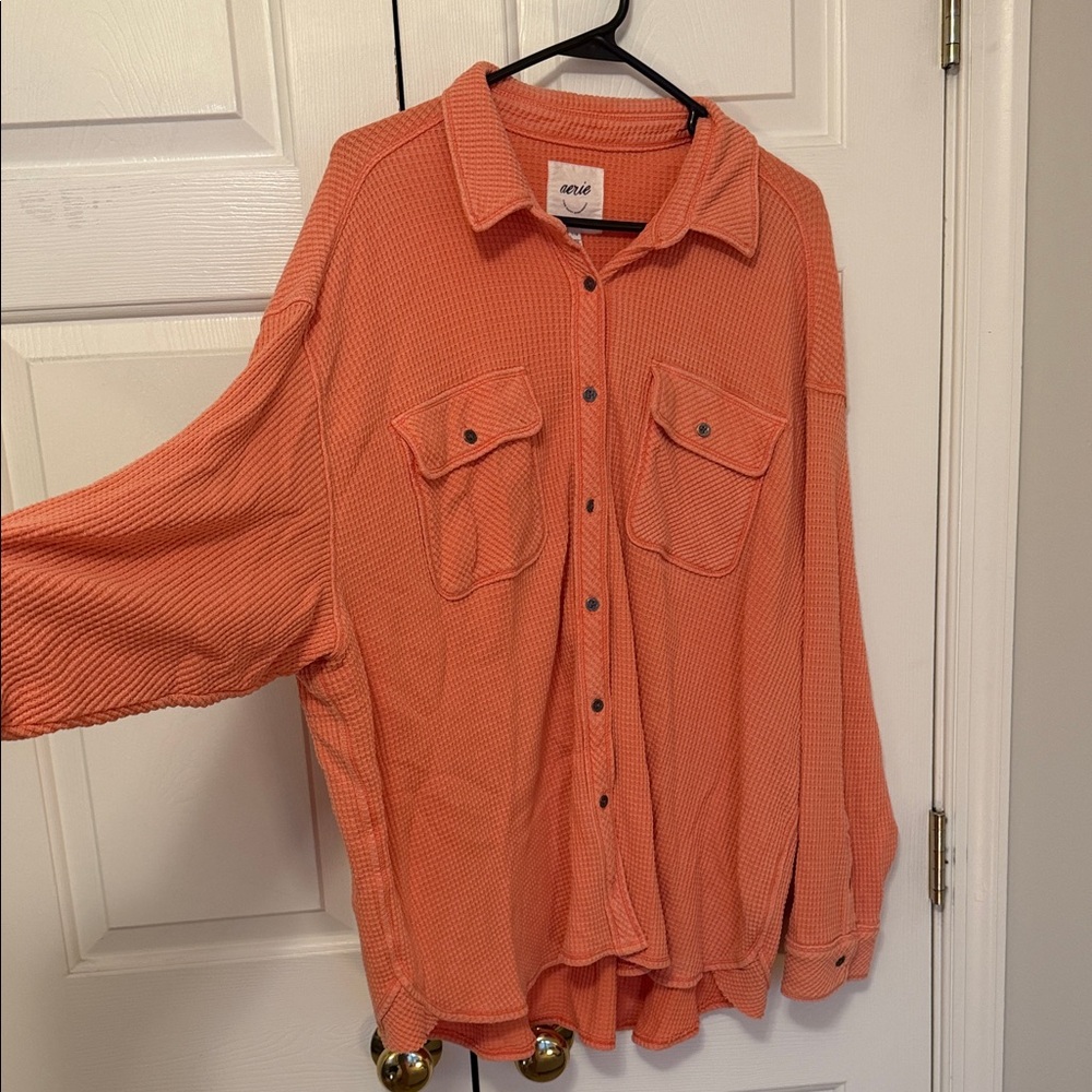 Aerie Coral Oversized Waffle Button Up Size Large